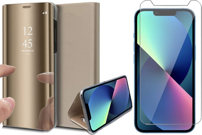 Hoesje geschikt voor iPhone 13 Mini en Screenprotector - Spiegel Book Case - Goud