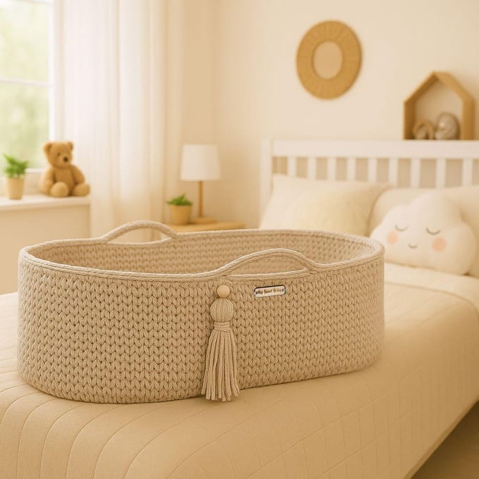 Mozesmand BOHO Handgemaakt katoen met matras - lichtbeige
