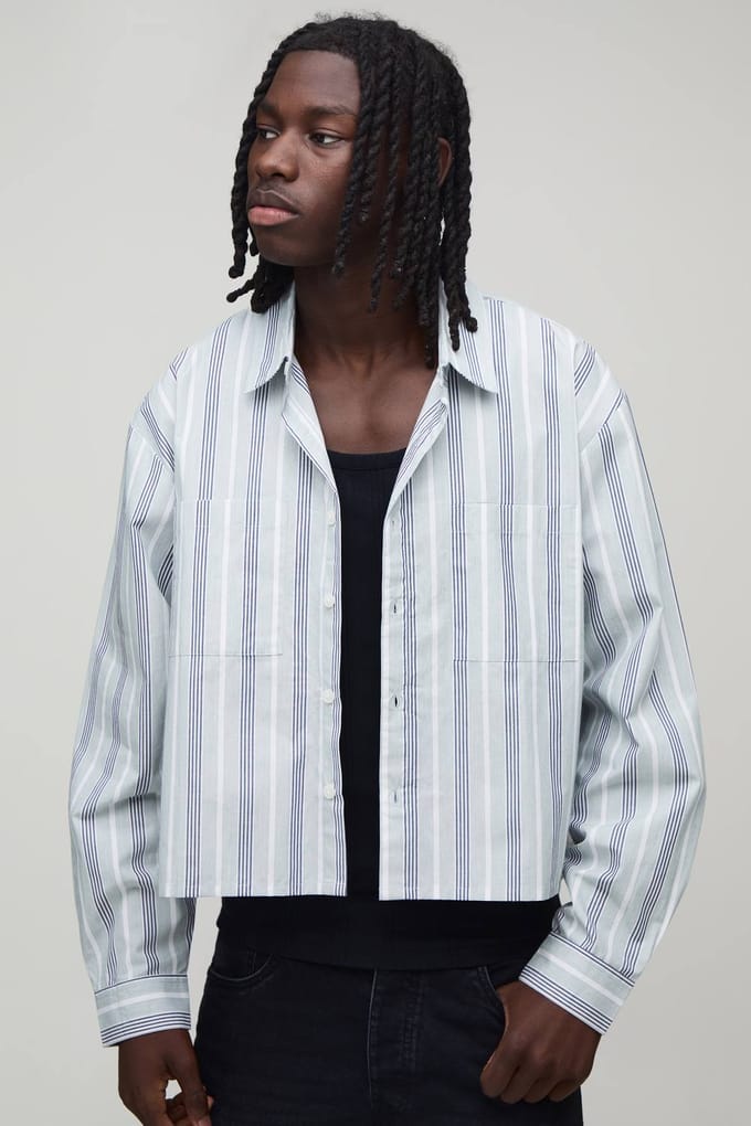 Oversized Crop Boxy Gestreept Shirt met Lange Mouwen | Green | Size Medium