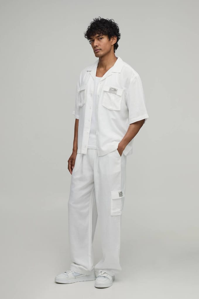 Linen Oversized Short Sleeve Cargo Shirt & Baggy Trouser Set | White | Size Medium