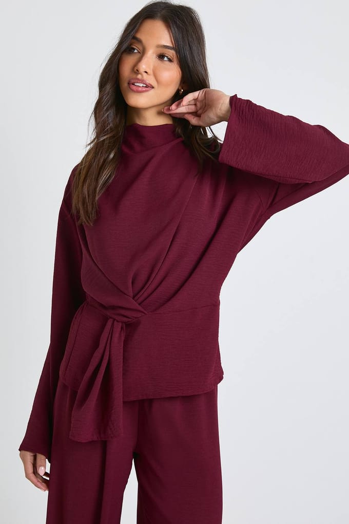 boohoo Dames Geweven Draperende Lange Mouw Blouse & Broek Set | Bordeaux Rood | Maat: 40