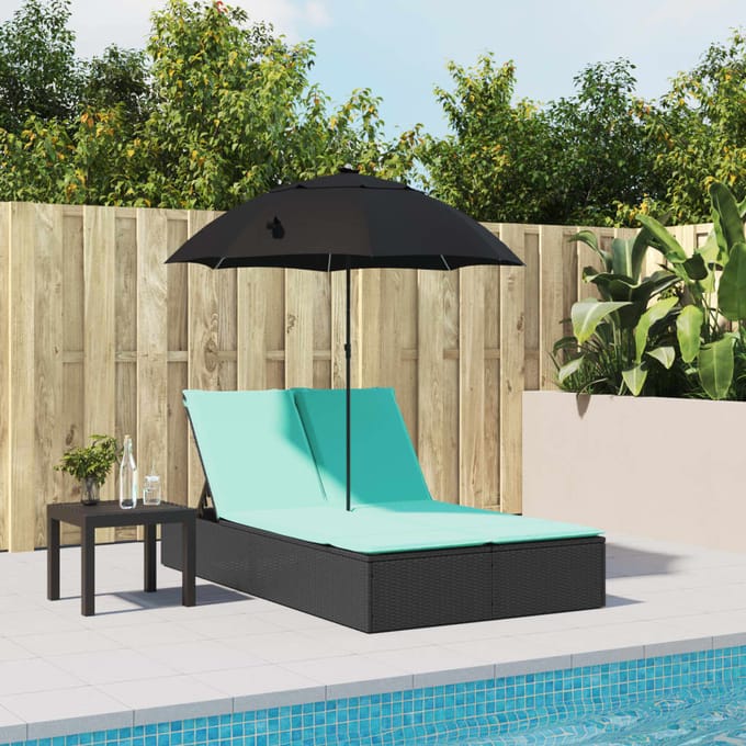 vidaXL - Ligbed - 2-persoons - met - kussens - en - parasol - poly - rattan - zwart