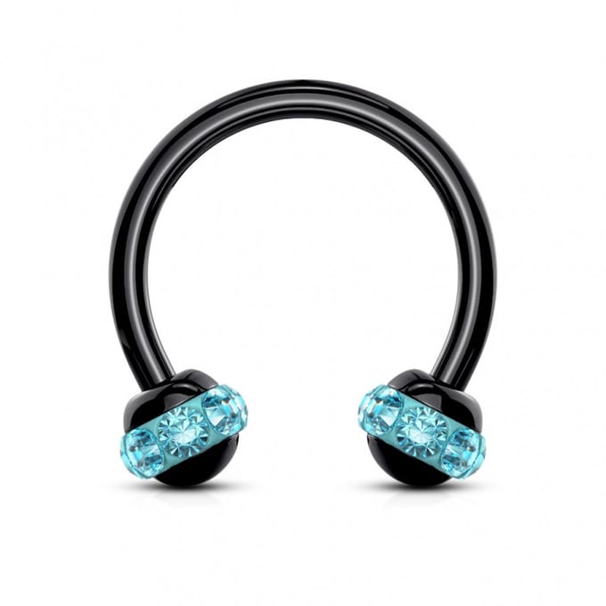 Piercing PVD horseshoe rond met steen 1.2x8 - zwart aqua - LMPiercings