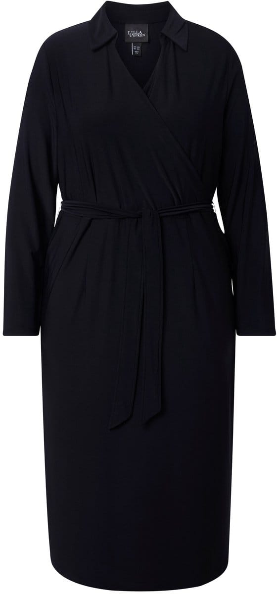 Ulla Popken - Dames - Midi-jurk wikkellook overhemdkraag lange mouwen - Zwart - Maat 58+