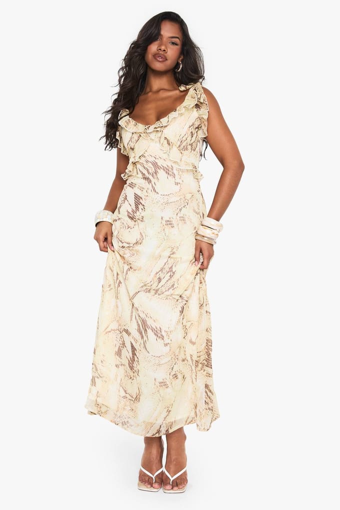 boohoo Dames Snake Chiffon Ruffle Maxi-jurk | Slangenprint | Maat: 38