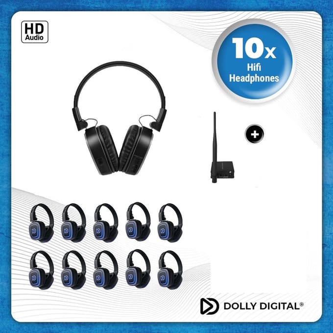 10x DOLLY DIGITAL© FD-Pro Silent Disco set | 10 oplaadbare stereo HD headsets met T70 oplaadbare zender
