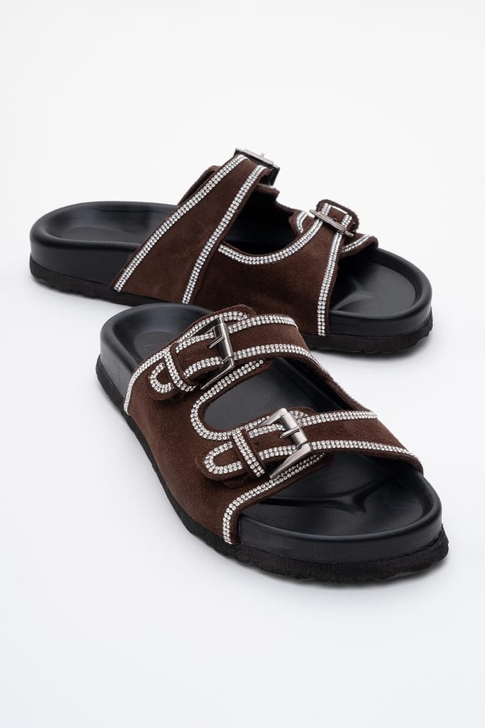 Allen Rhinestone Leer Slide Sandaal (Women)