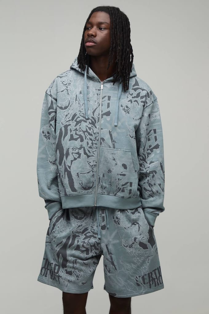 Graffiti Oversized Boxy Trainingspak Met Capuchon En Ritssluiting | Charcoal | Size XS