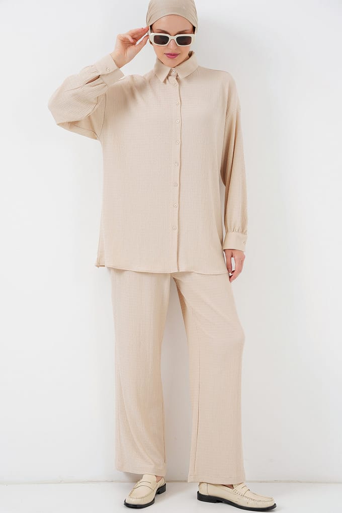 Gestructureerde Brei Co-Ord Set met Kraag