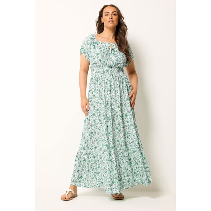 Yours Groene Bardotmaxijurk Met Bloemenprint Size 44
