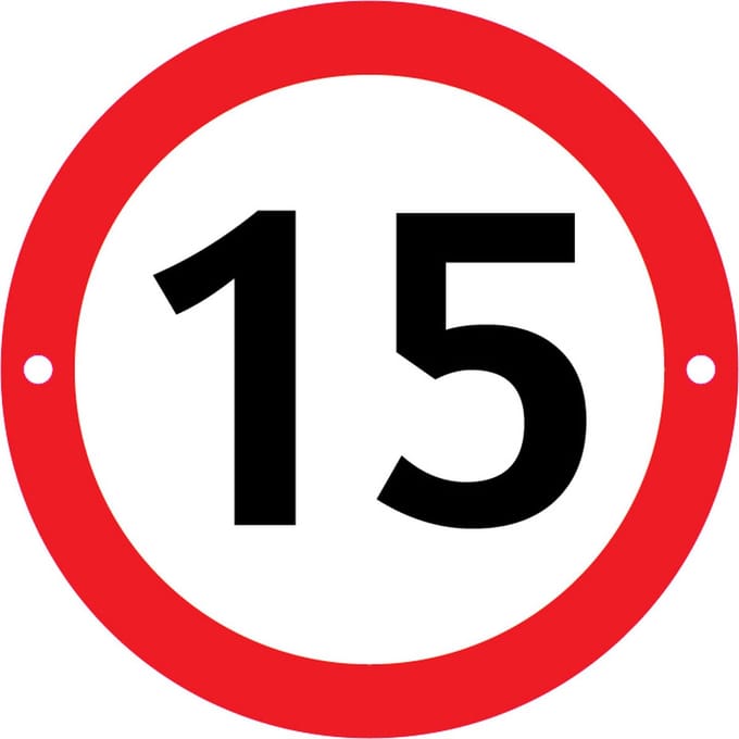 Verbodsbord 15 Kilometer - 25cmØ met 2 Boorgaten - op 3mm dik PVC Schuimplaat