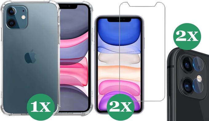 Hoesje geschikt voor iPhone 11 Transparant Shock Case - 2x Screenprotector Glas + 2x Camera Screen Protector