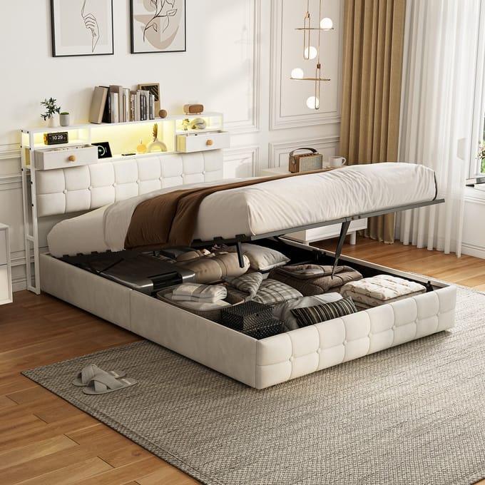 Opbergbed 140x200 Beige Velvet – met LED, USB & Opbergruimte