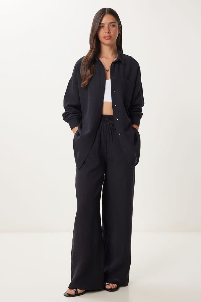 Hoge Taille Brede Pijpen Twee-Delig Co-ord Set met Kraag