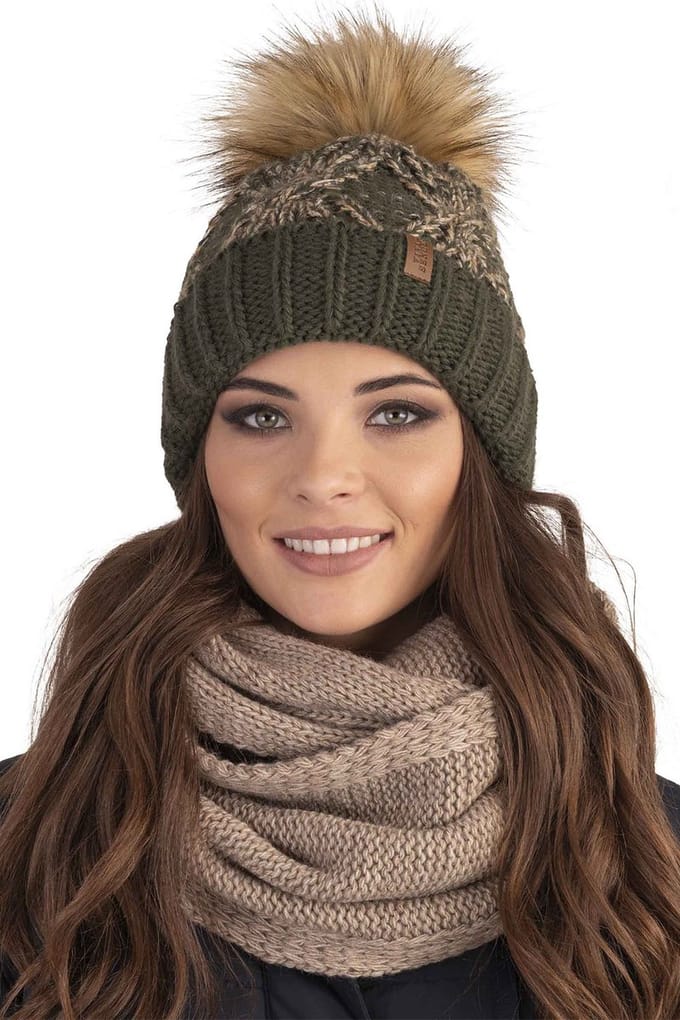 Vivisence Dames Wintermuts pompon - Groen - Warm gebreid - Thermovoering - Antistatisch