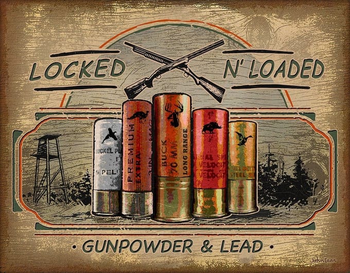 Locked N'loaded Gunpowder & Lead. Metalen wandbord 31,5 x 40,5 cm.