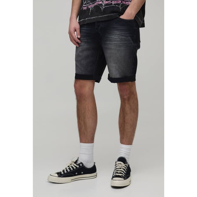 Skinny Stretch Zwaar Gebleekte Gescheurde Denim Shorts | Washed Black | Size 30