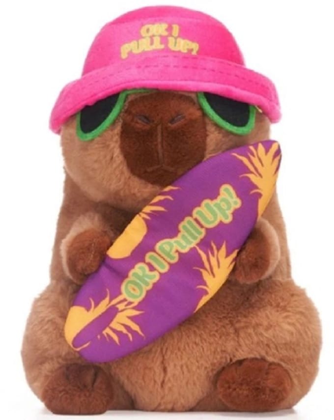 Capibara met Surfplank Roze Hoed Pluche Knuffel 26 cm