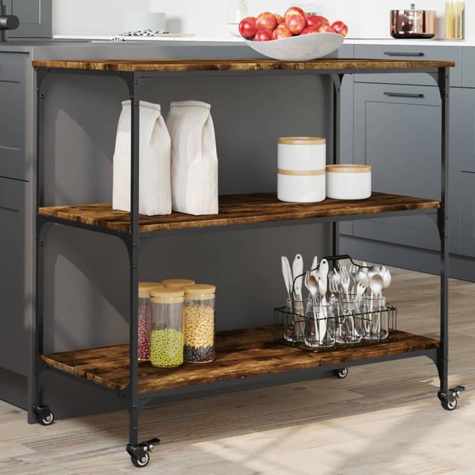 vidaXL - Keukentrolley - 102x50x95 - cm - bewerkt - hout - gerookt - eikenkleurig