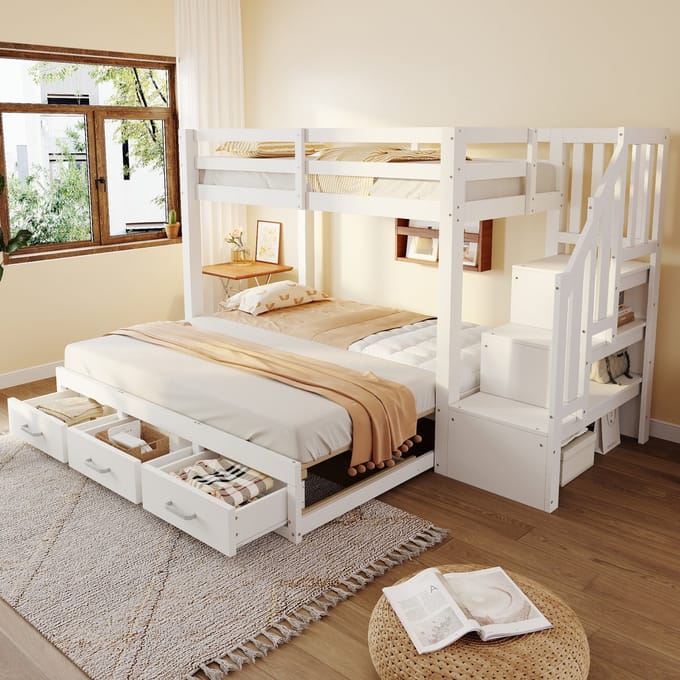 Sweiko Stapelbed - 90/180 × 190 cm - Met uitschuifbaar bed - 3 lades - Opbergrek - Wit
