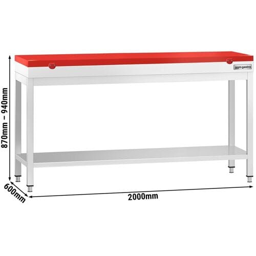 GGM Gastro Edelstahl Arbeitstisch PREMIUM - 2000x600mm - mit Grundboden - inkl. Schneideplatte Rot
