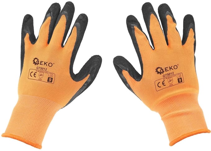 GEKO Elastische werkhandschoenen - latexcoating - maat 9 - oranje - 12 stuks