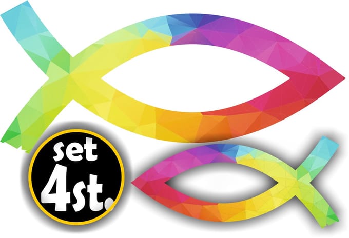 Jerma - Ichthus vis kleurig - Auto - Stickers - set 4 st. - 13x16 - 7x3 cm - Weerbestendig - Zelfklevend