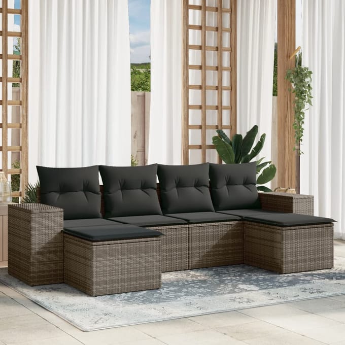 vidaXL - 6-delige - Loungeset - met - kussens - poly - rattan - grijs