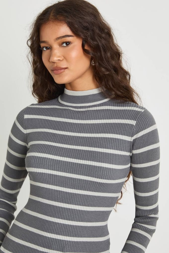boohoo Dames Stripe Long Sleeve Knit Top | Houtskool | Maat: Medium