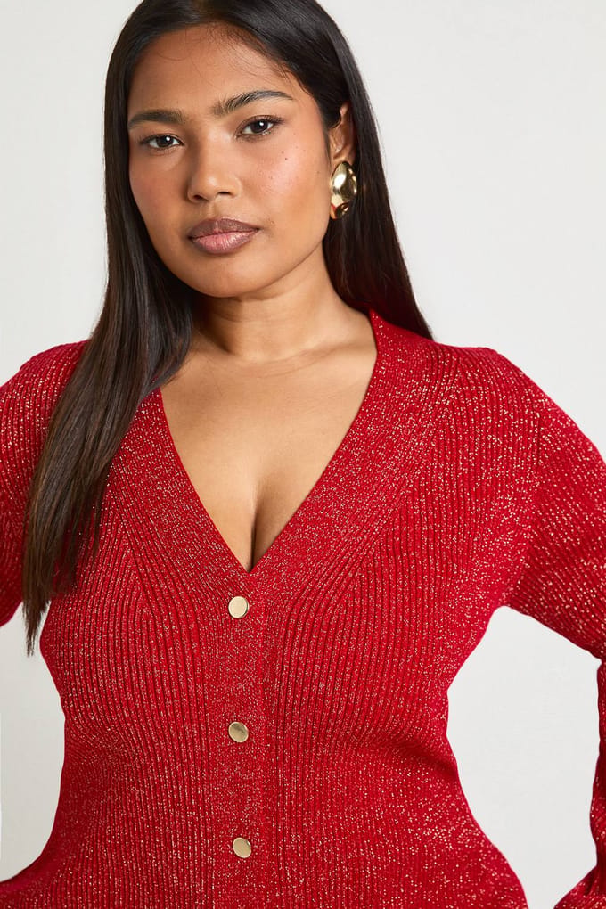 boohoo Dames Plus Glitter V-hals Cardigan | Red | Maat: 16-18