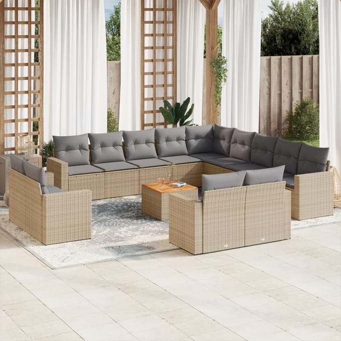 vidaXL - 14-delige - Loungeset - met - kussens - poly - rattan - gemengd - beige