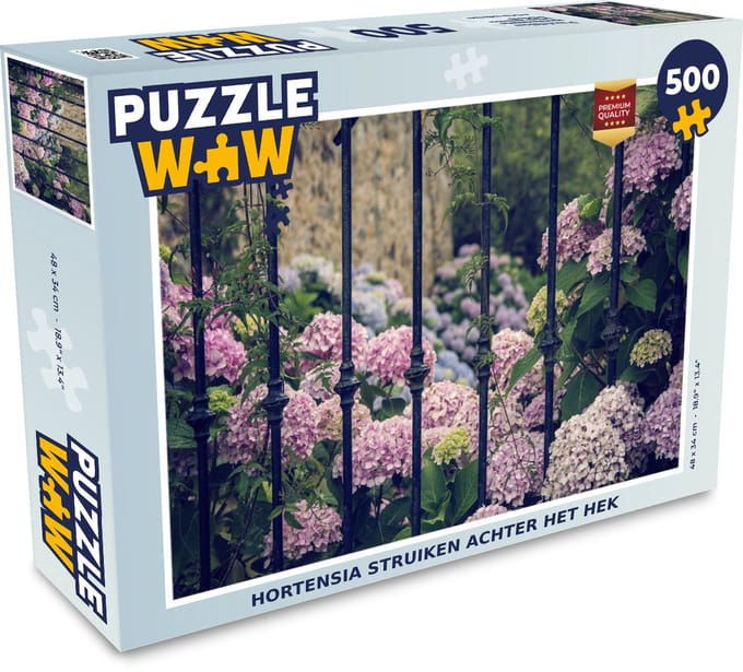 Puzzel Hortensia struiken achter het hek - Legpuzzel - Puzzel 500 stukjes
