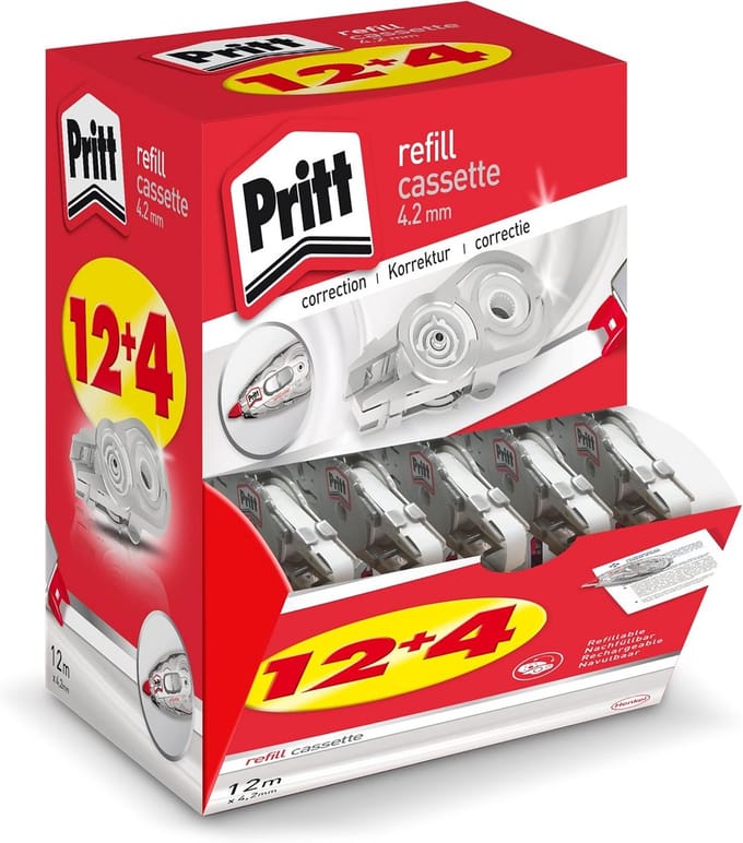 Navulcassettes voor correctieroller - 12 + 4 stuks, 4,2 mm breedte, 12 m lengte, flexibele punt