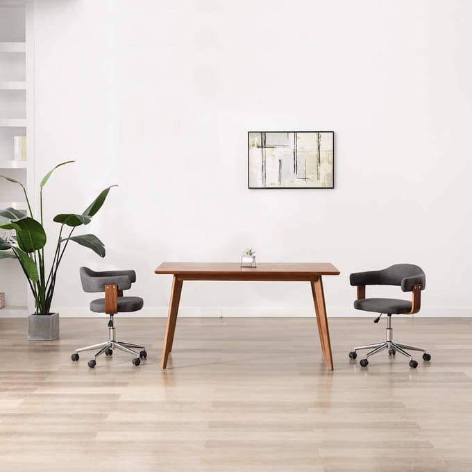 vidaXL - Eetkamerstoelen - 2 - st - draaibaar - gebogen - hout - en - stof - grijs
