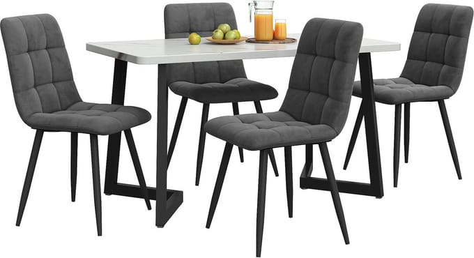 MODFU Eettafel Set Met 4 Stoelen - Moderne Eetkamerset - Comfortabel Fluweel - Stevig MDF & Metaal - Grijs - 117 x 68 x 75 cm
