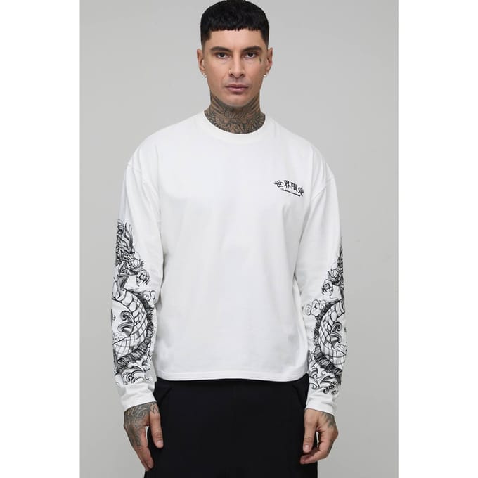 Tall Oversized Dragon Grafische Lange Mouw T-Shirt | White | Size Medium