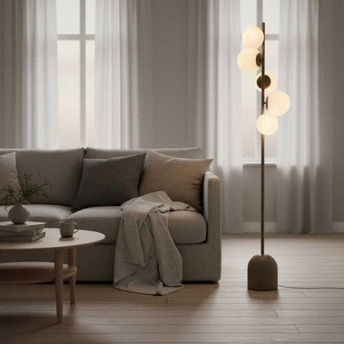 LUSENZ Evania - Staande lamp Taupe Metaal 160 cm - 5 bollen - Modern design - Woonkamer lamp - Opaalglas - E14 fitting - Met voetschakelaar