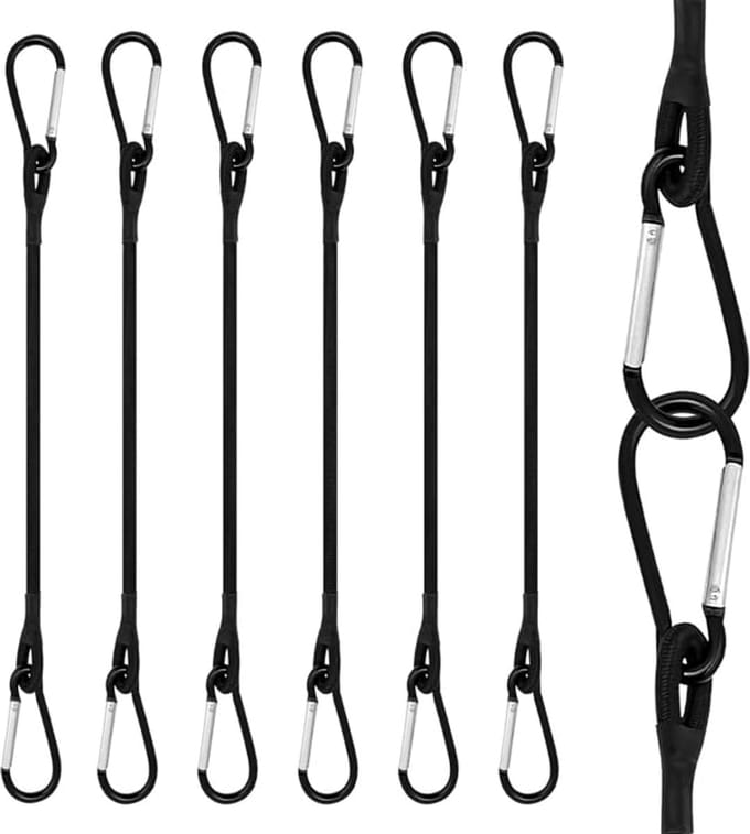 Set van 6 elastische spanbanden 30 cm met karabijnhaak voor camping, auto en fiets