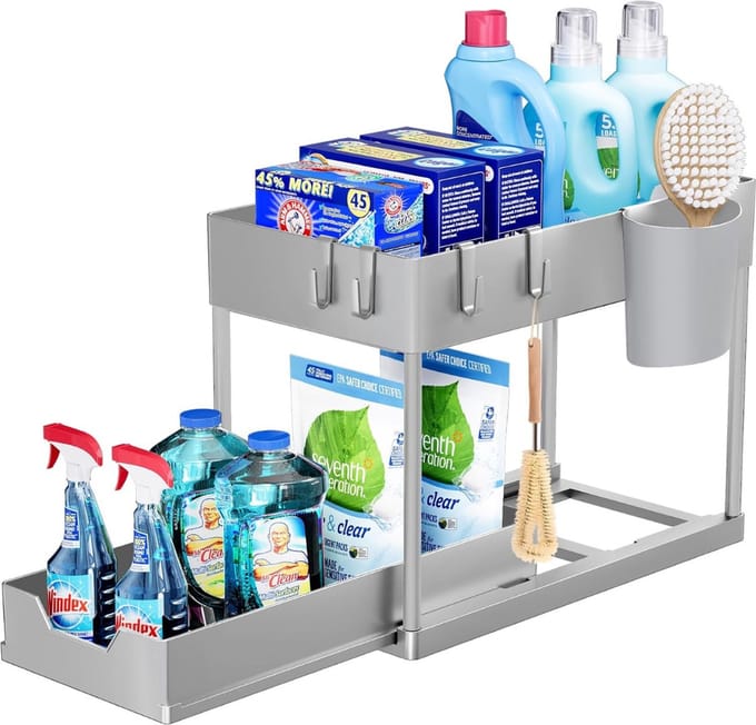 DD Gootsteenkast Organizer - Keukenkast Organizer - Gootsteenorganisers - Twee Veridepingen - Grijs - 40cm x 21cm x 33cm