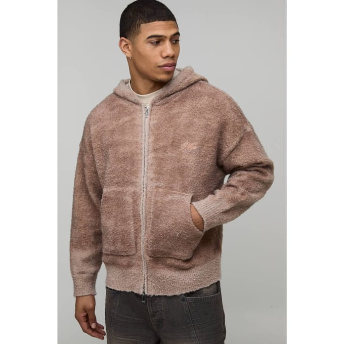 Heren Relaxed Boxy Ombré Bouclé Gebreide Hoodie | Brown | Size Medium
