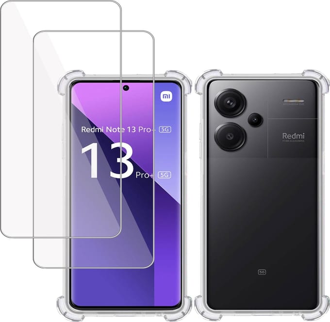 Hoesje + 2x Screenprotector geschikt voor Xiaomi Redmi Note 13 Pro+ – Tempered Glass - Extreme Shock Case Transparant