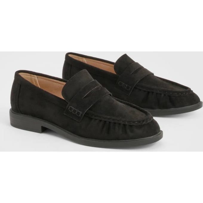 boohoo Dames Loafers met brede pasvorm in nep-suede met ruches | Black | Maat: 7