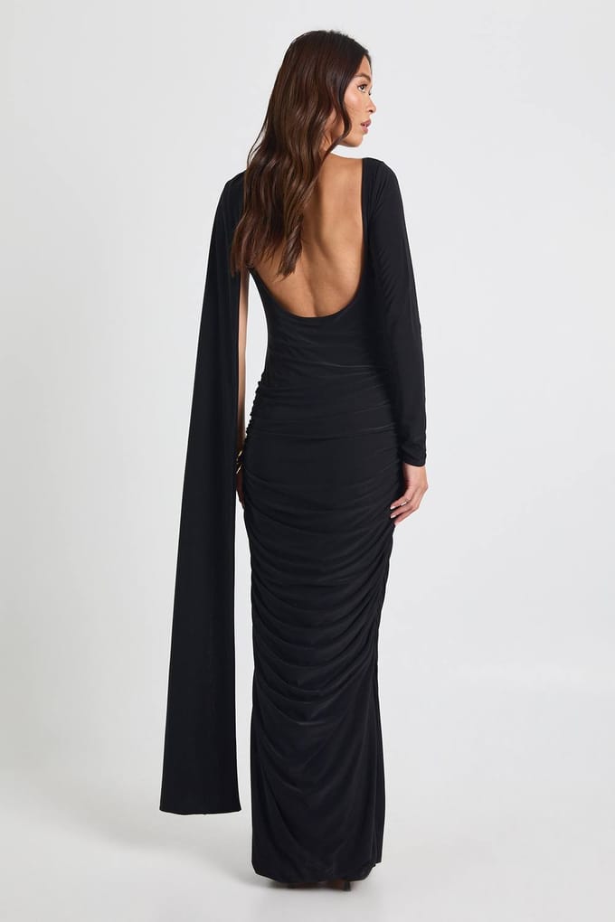 boohoo Dames Slinky maxi-jurk met lange mouwen en drapeeffect | Black | Maat: 10