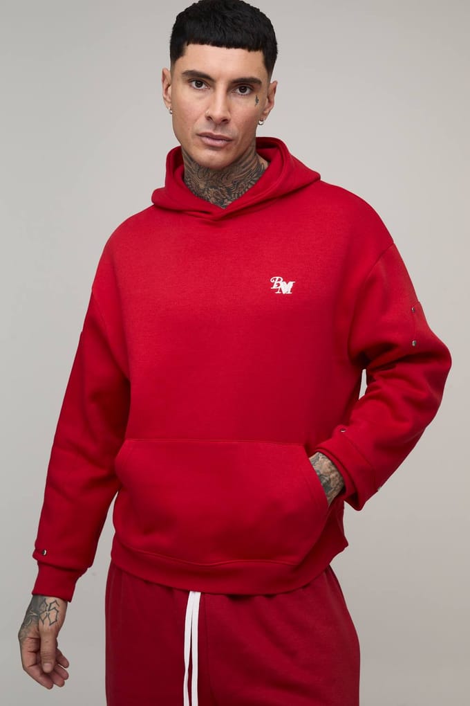 Tall Oversized Boxy BM Panelled Hoodie | Red | Size Small