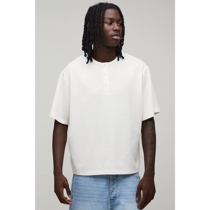 Relaxed Fit Waffle Henley T-Shirt | Ecru | Size Medium