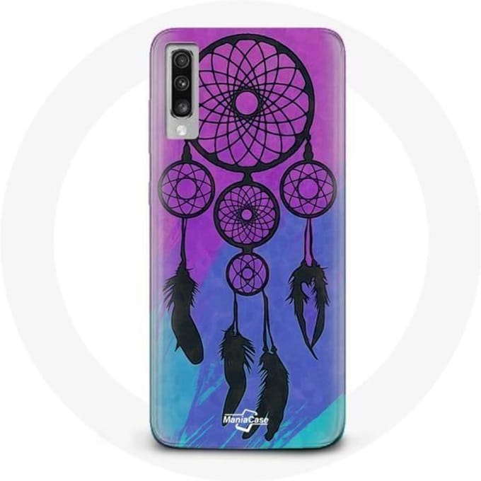 Coque pour Samsung Galaxy A70 Attrape Rêve Noir Fond Bleu et Violet