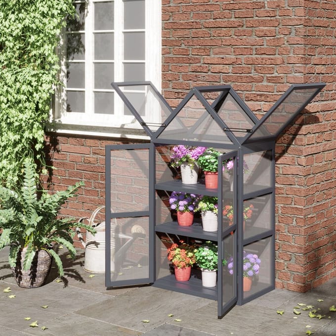 MODFU - Mini Kweekkas Met 3 Legplanken - Opklapbaar Dak Met Dubbele Deuren - Houten Frame - Grijs - 70,5 X 42 X 132 Cm