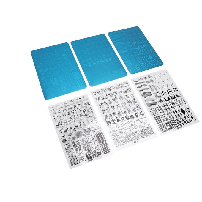 3 Sets Plaques de Stamping Nail Art Acier Inoxydable Motifs Différents Modèle Pochoir pour Ongles blue