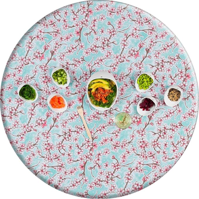 Mexicaans Rond Tafelzeil - Ø 120 cm - Kersenbloesem - Mintgroen