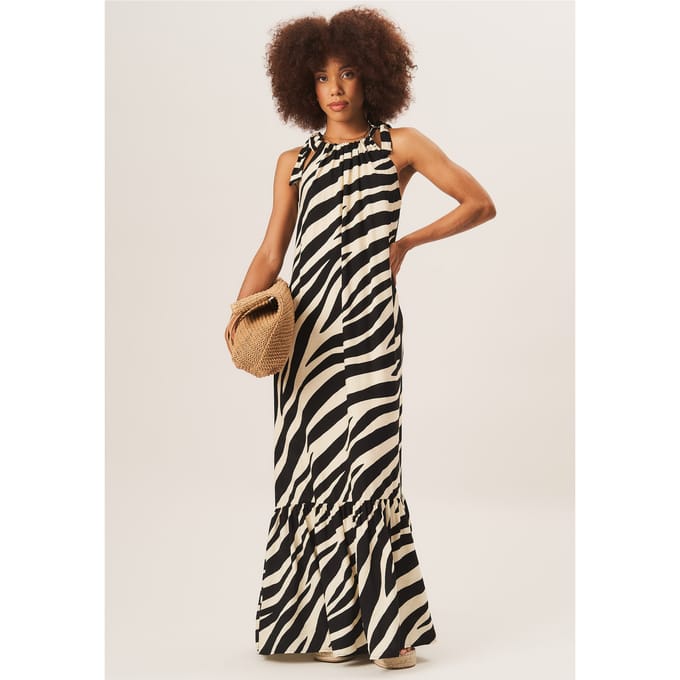 Maxi-jurk met zebraprint en gestrikte schouder